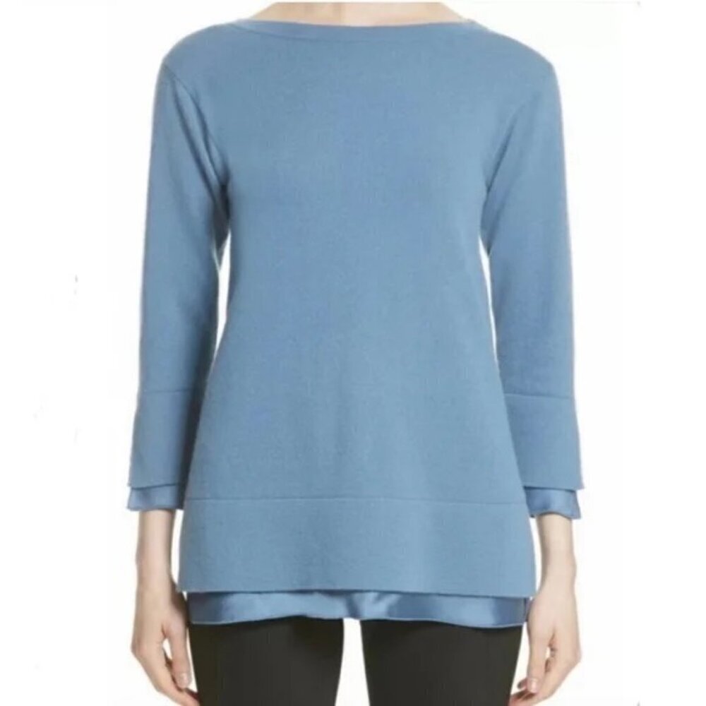 Lafayette 148 Blue Cashmere Satin Layered Sweater Size Small
